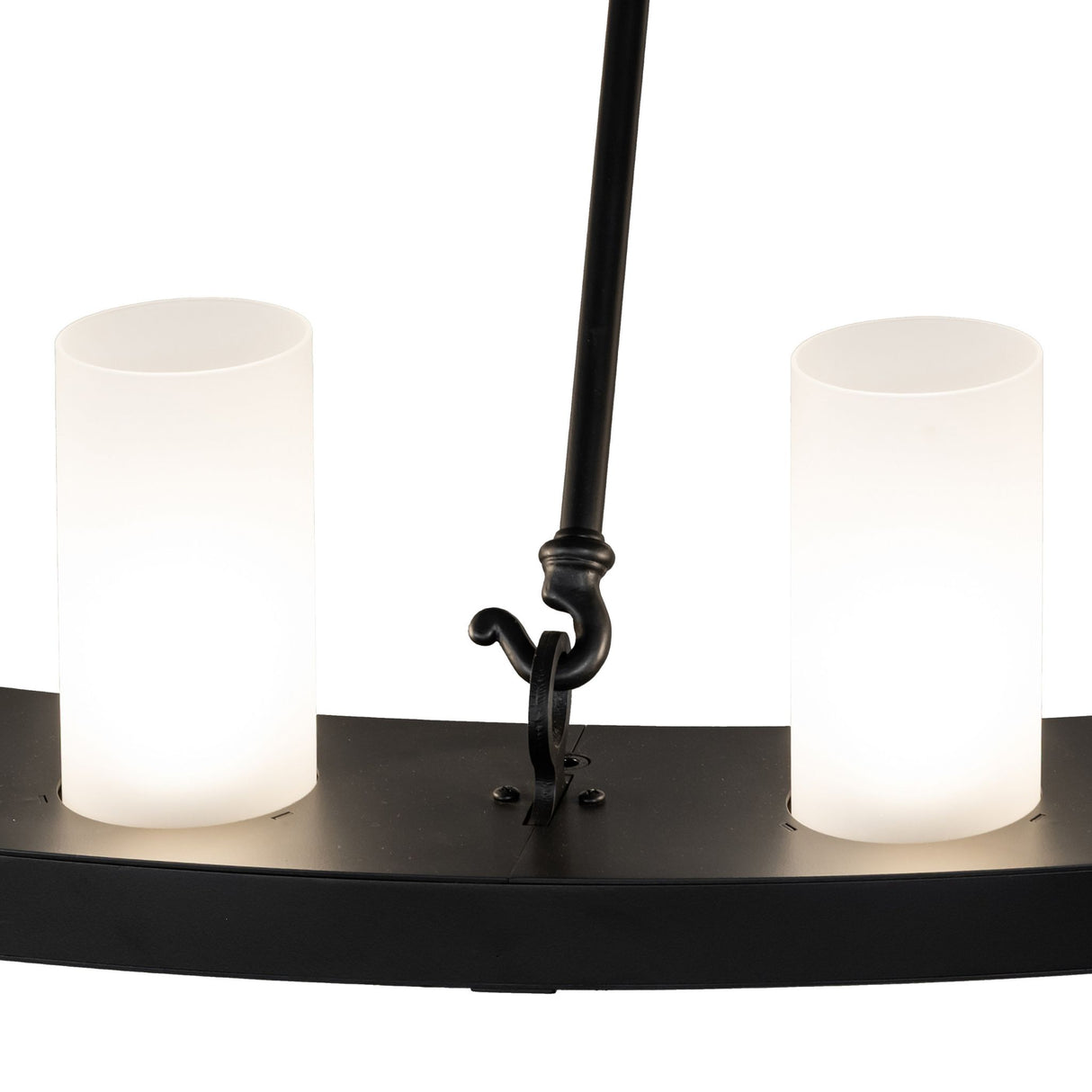 Close-up detail of frosted glass cylinder light on Loxley chandelier ring fixture.