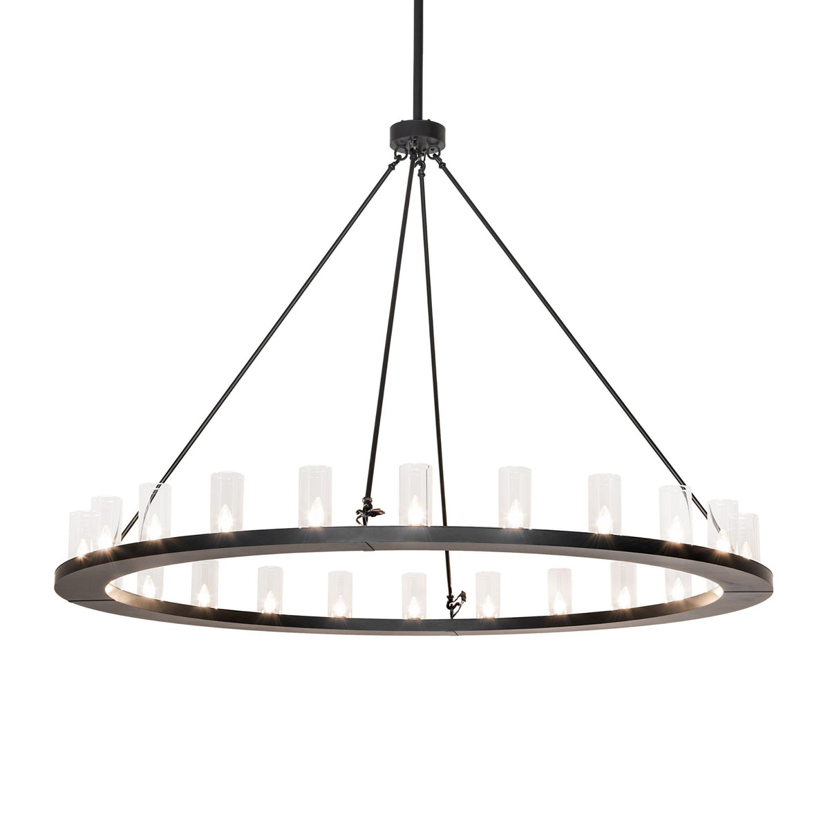 Lit view of chandelier, featuring 24 clear glass cylinders on a circular black metal frame.