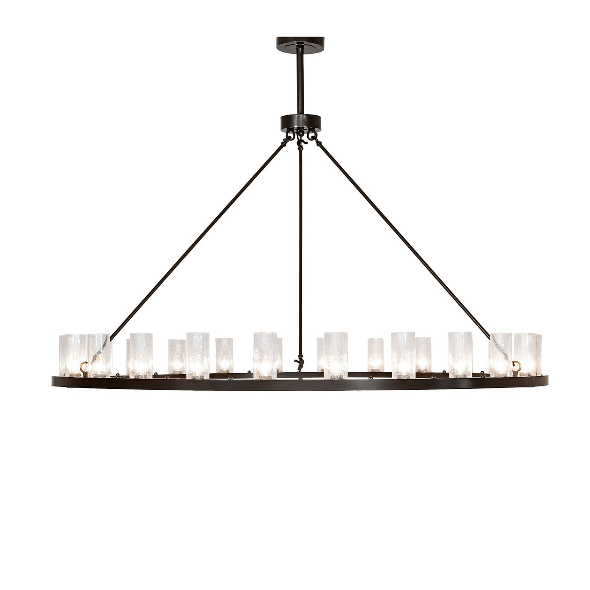 Side profile of chandelier showing slim bronze ring and evenly spaced glass cylinders.