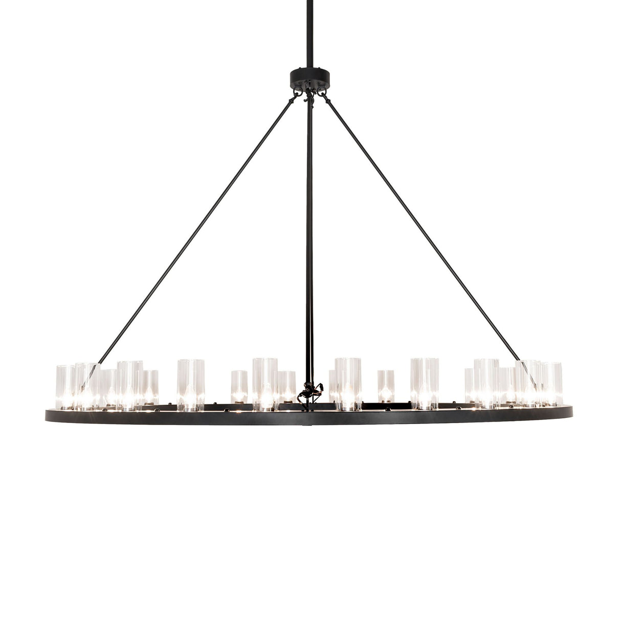 Side view of 24-light chandelier showing slim profile and evenly spaced glass cylinders.