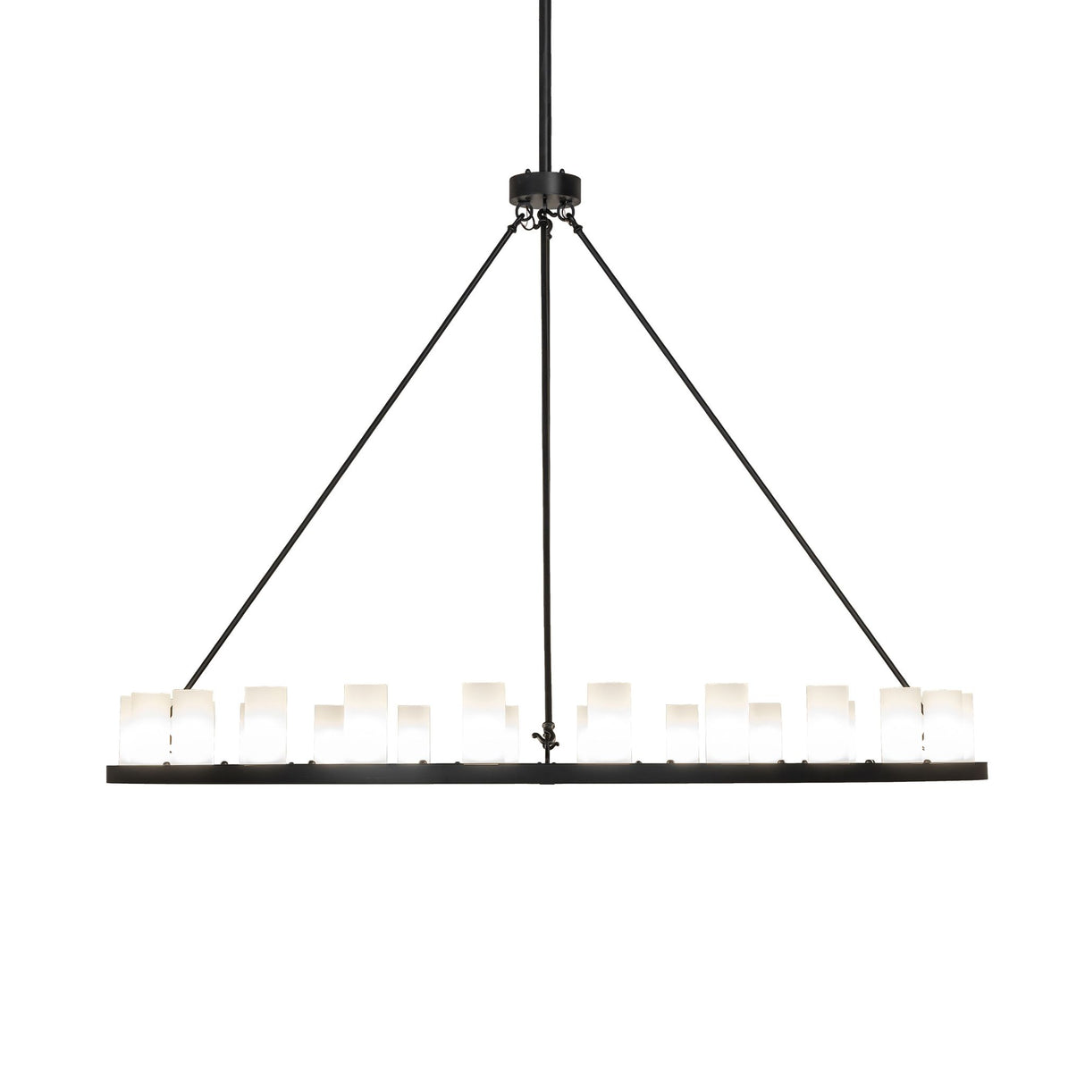 Side view of 24 light chandelier displaying slim ring profile and hanging structure.