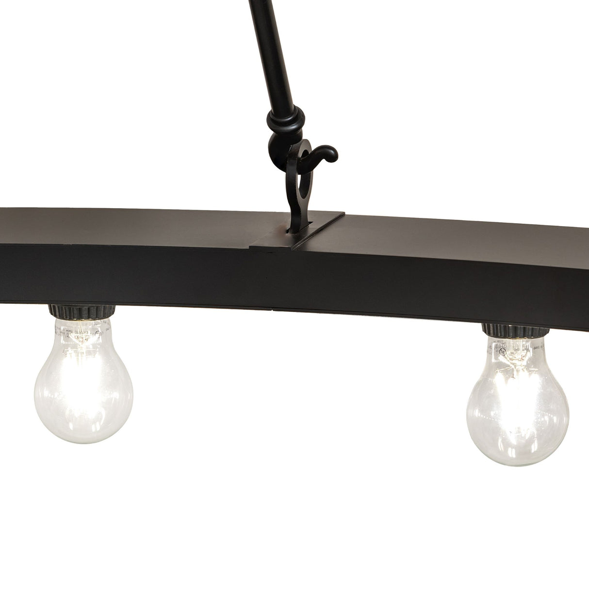 Close-up of suspension rod and hook connection on chandelier frame.