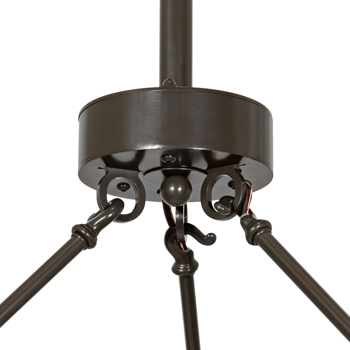 Detailed view of central suspension hub and support rods on Loxley 24-light chandelier.