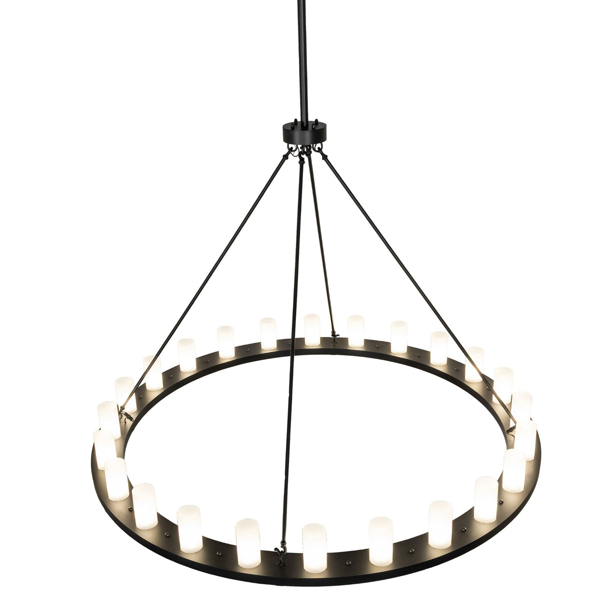 Top angle view of chandelier showing suspension rods and circular ring construction.