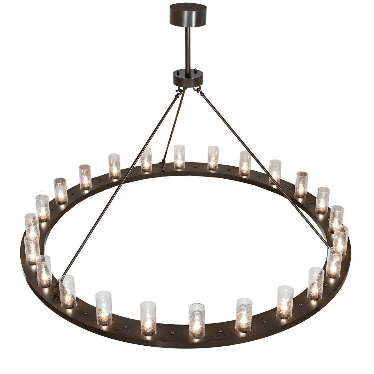 Top angle view of chandelier displaying suspension rods and circular bronze frame.