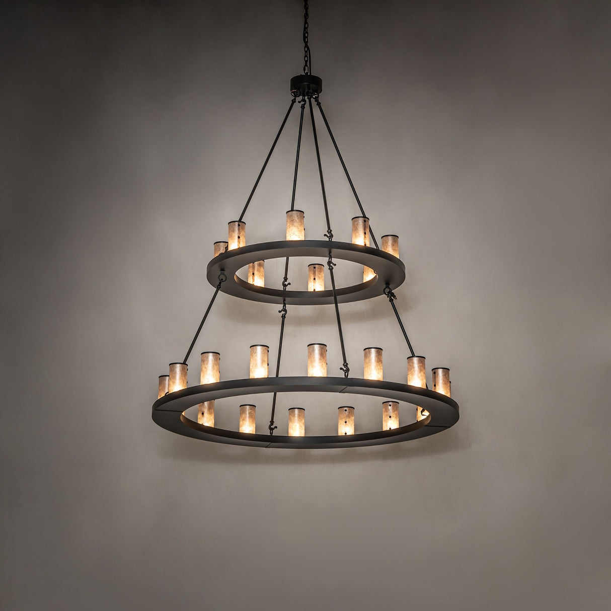 Loxley two tier chandelier ambient lighting with silver mica glass and black finish.