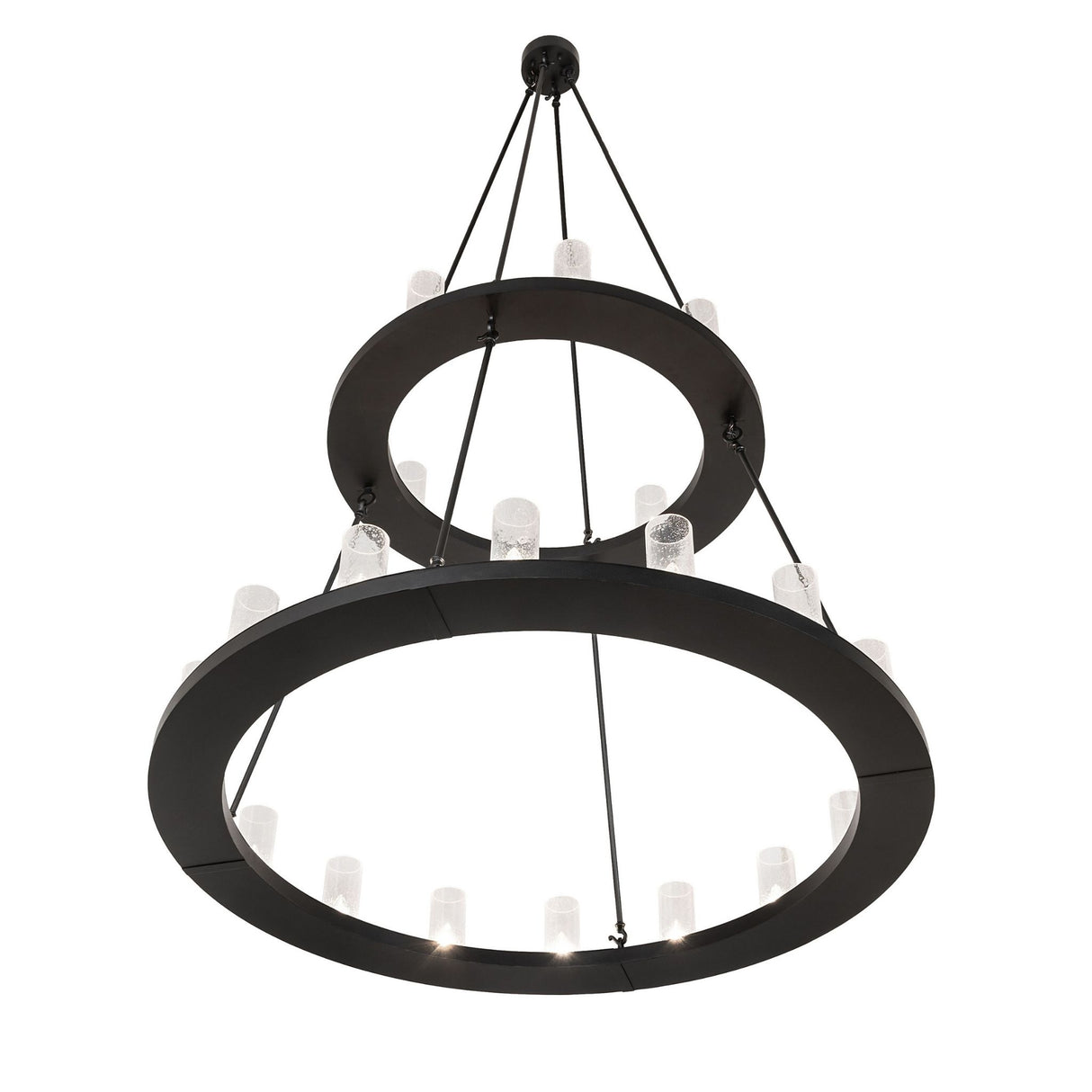 Bottom view of two-tier ring chandelier showing seeded glass cylinder shades.