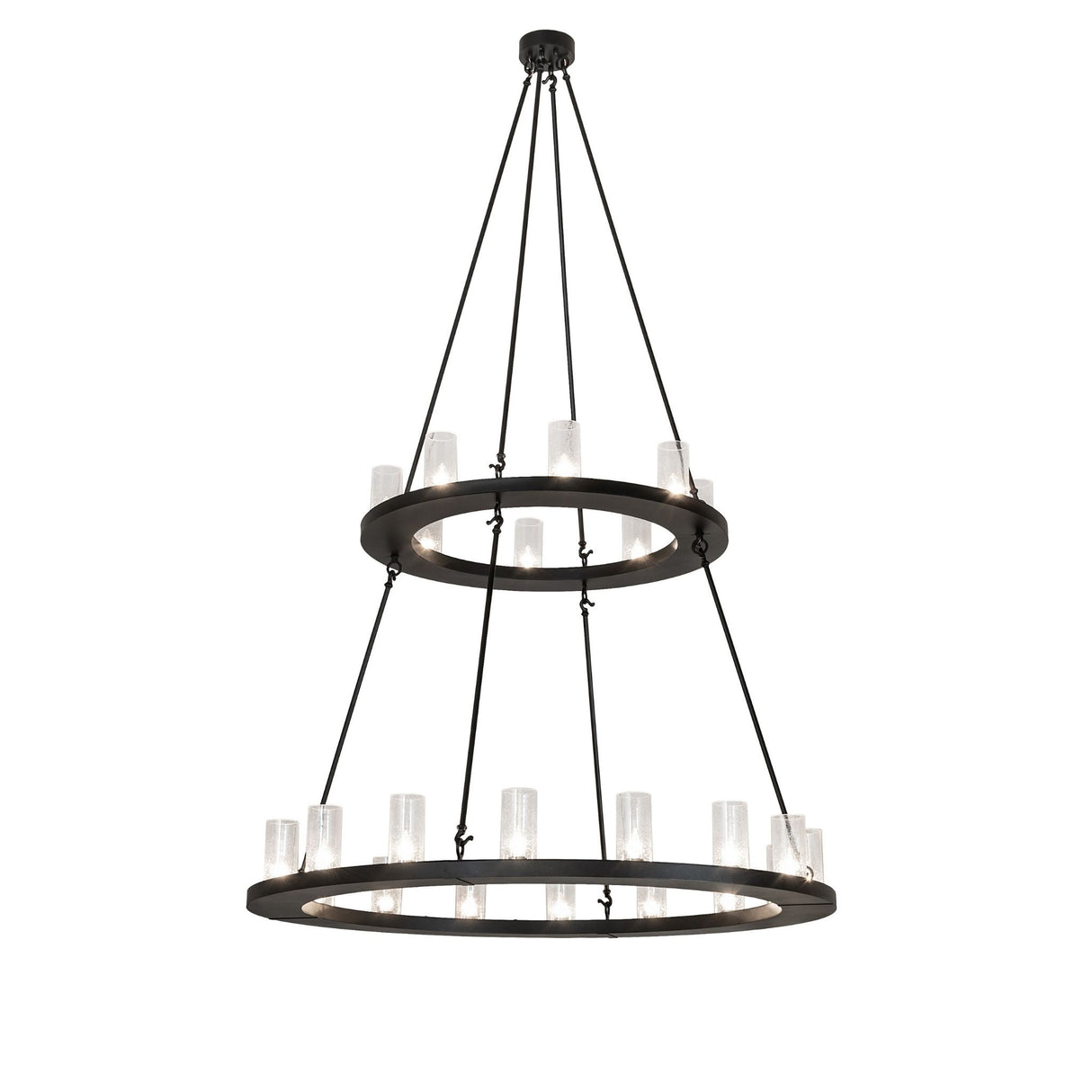 Two-tier black ring chandelier with 24 seeded glass cylinder lights illuminated.