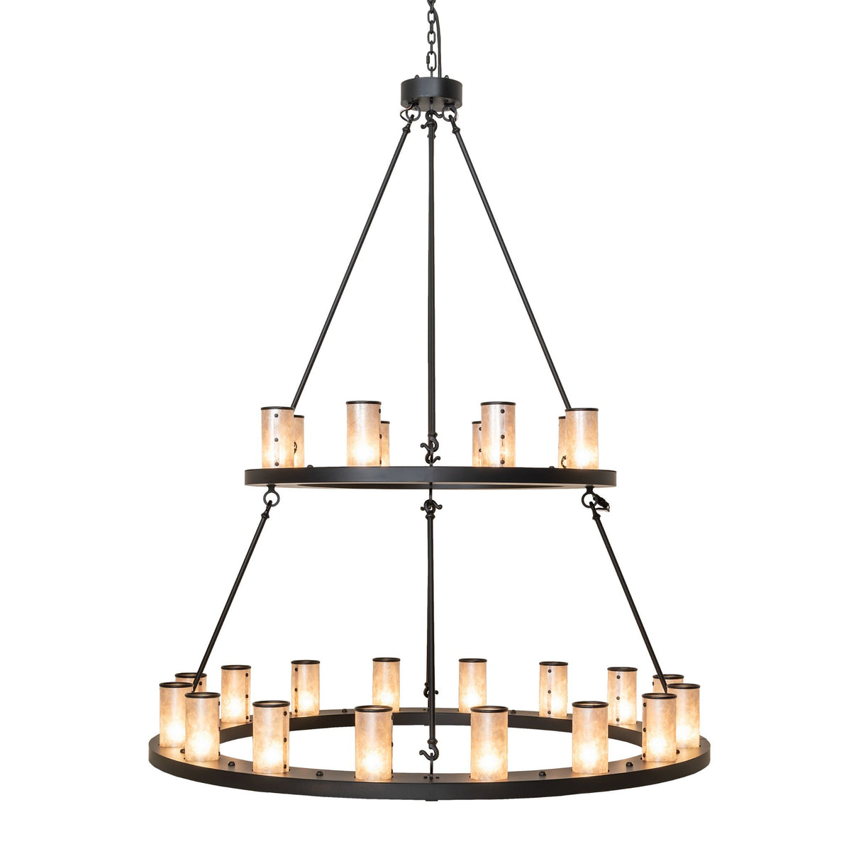 Side view of 24 light chandelier highlighting two tier design and vertical proportions.