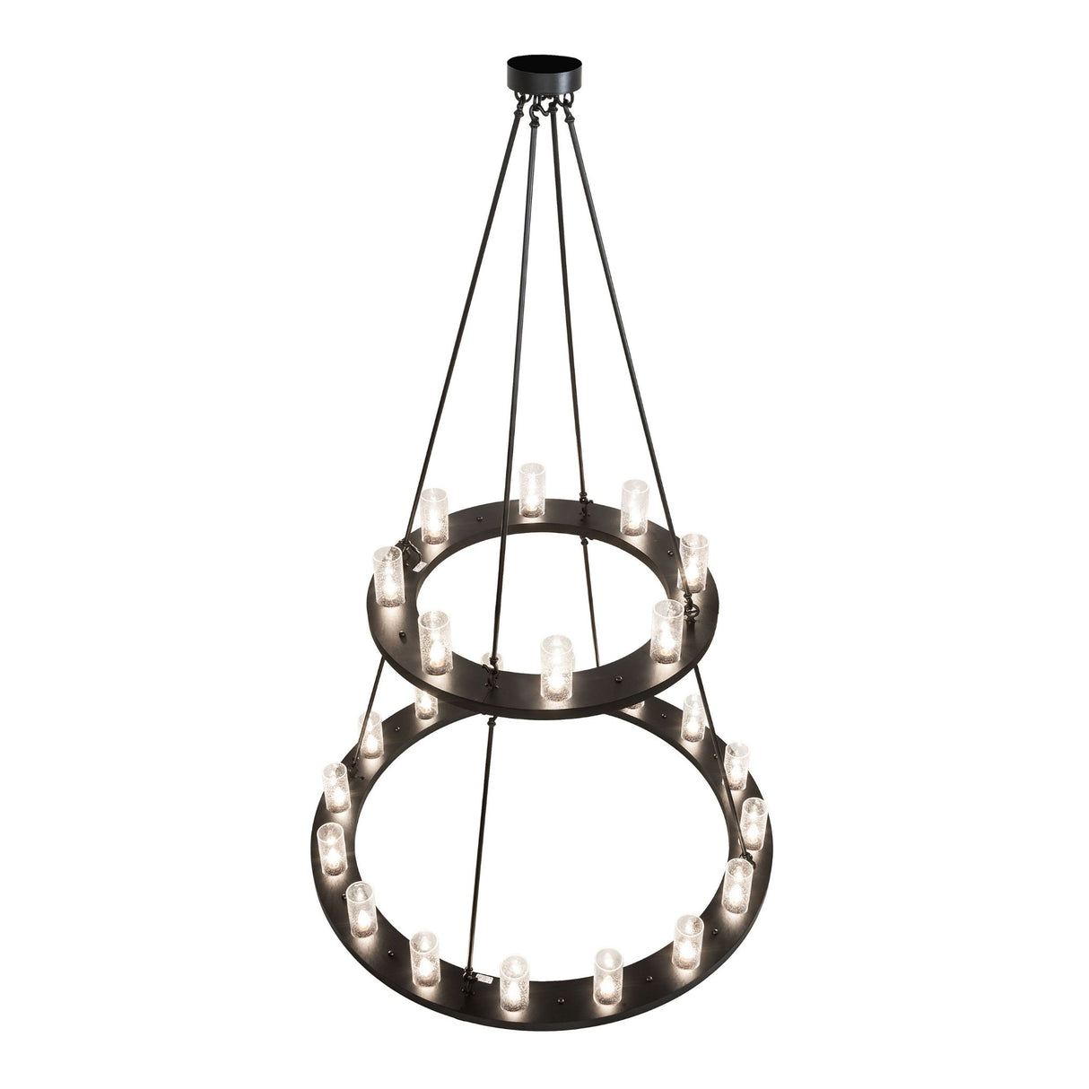 Top angle view of two-tier black chandelier with seeded glass cylinder shades.