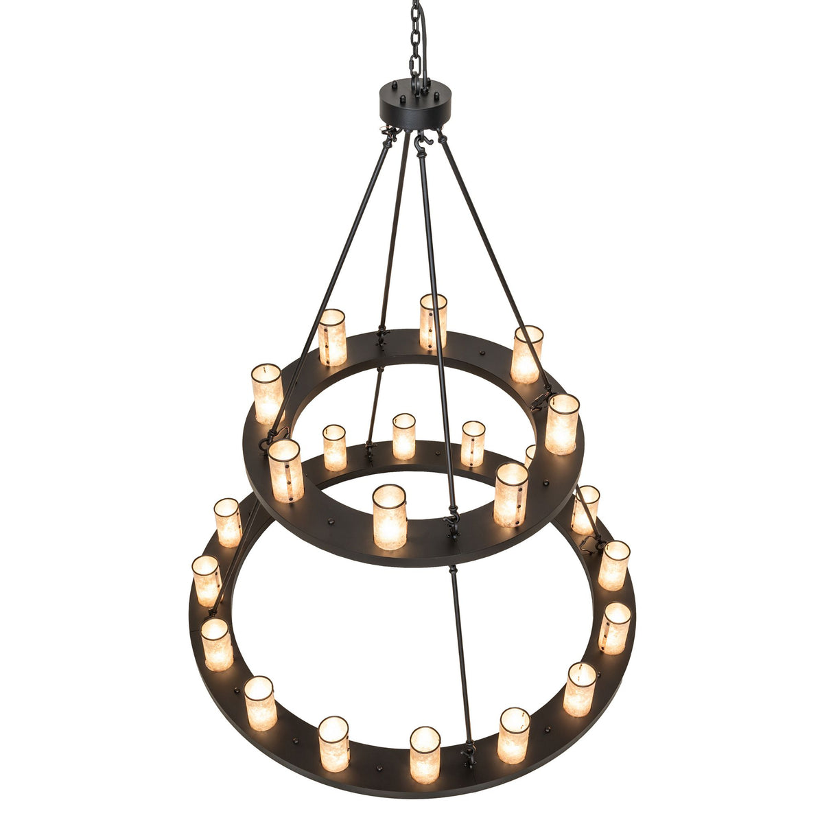 Top angle view of Ltwo tier chandelier showing layered metal frame and shade arrangement.