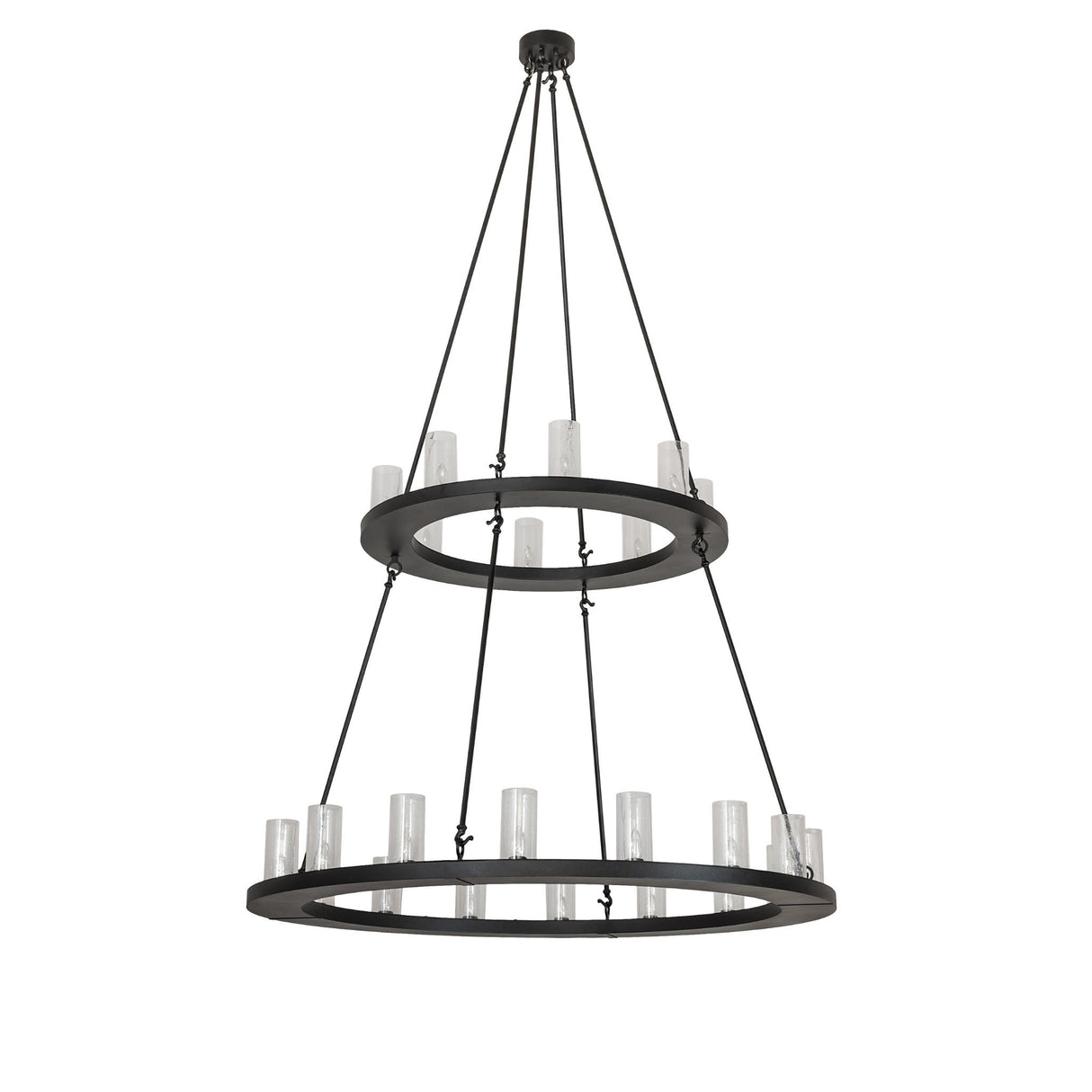Unlit view of two-tier textured black ring chandelier with clear seeded glass cylinder shades.