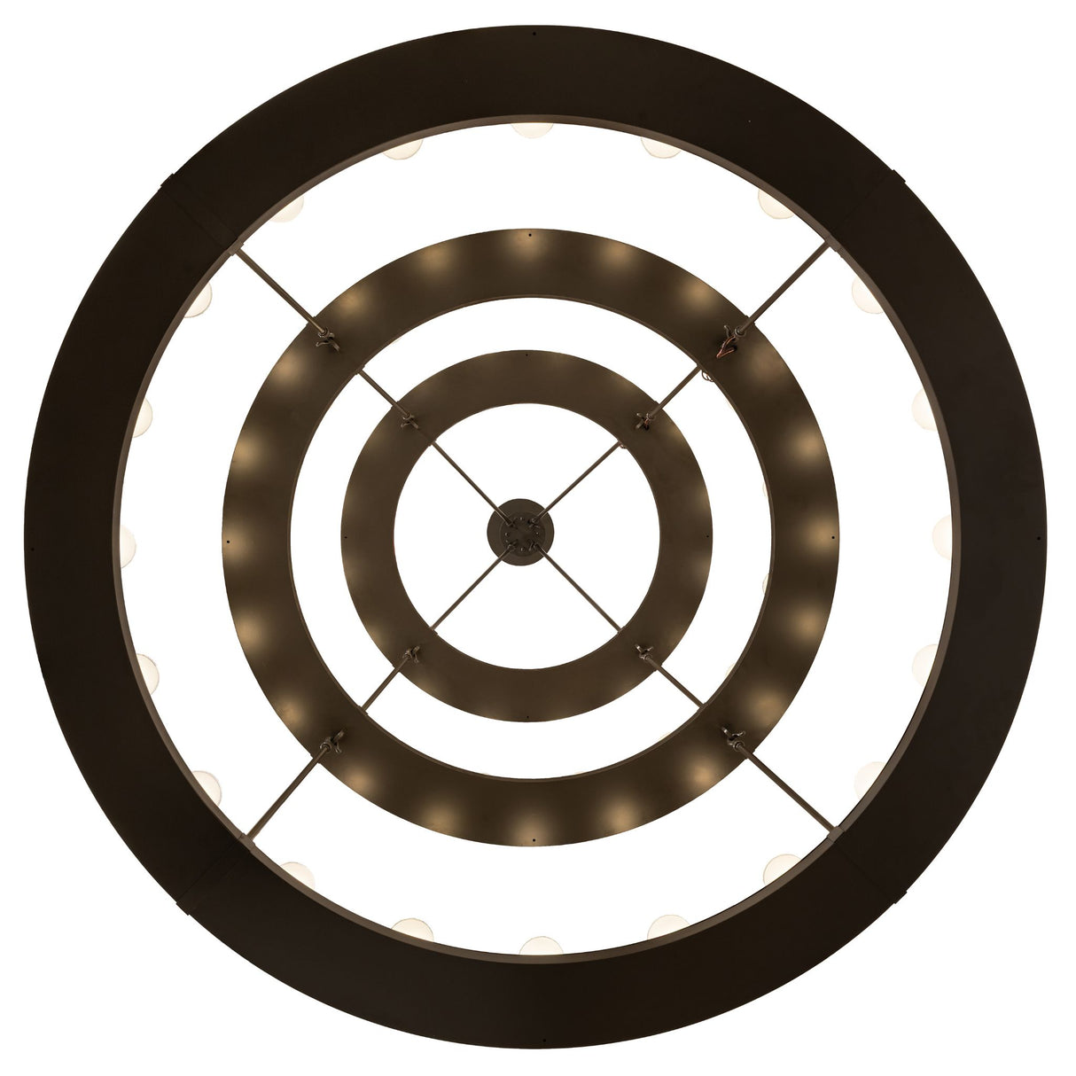 Bottom view showing concentric metal rings of the chandelier.