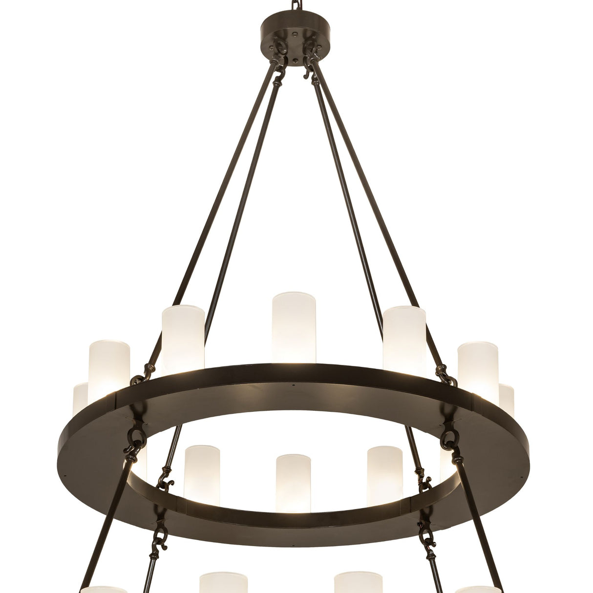 Close-up detail of the top tier showing frosted glass cylinders and suspension rods.