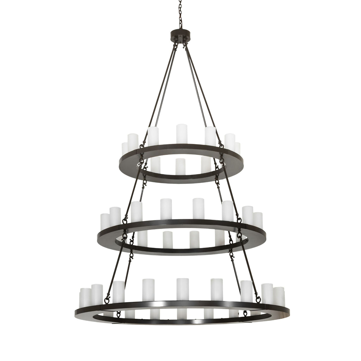 Unlit view of the chandelier highlighting metal rings with frosted glass cylinders.