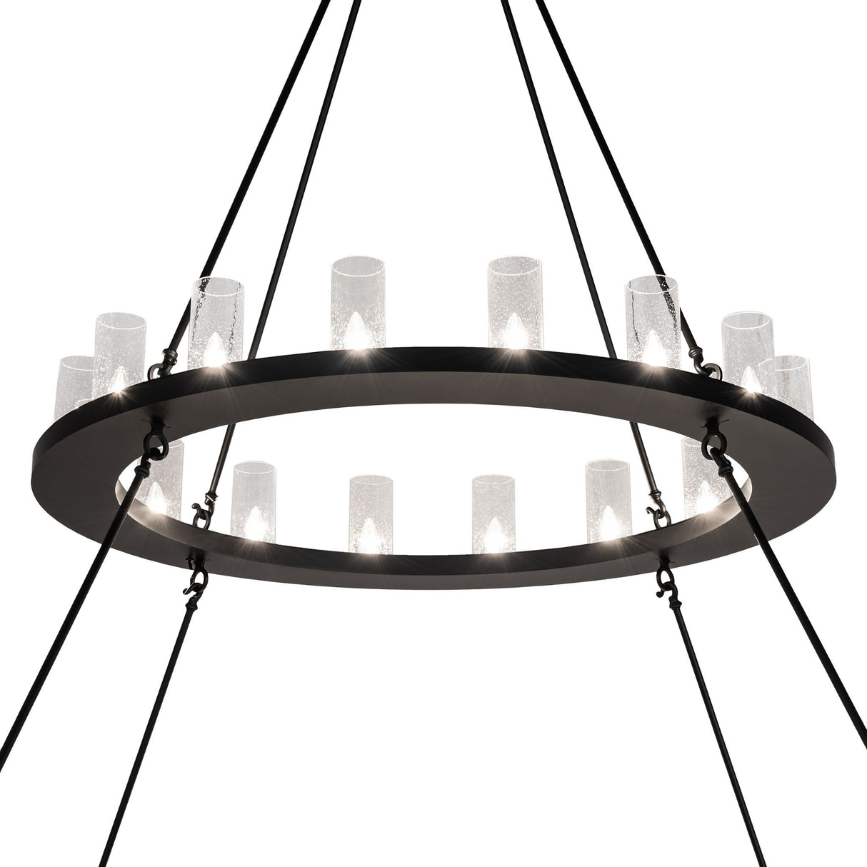 Close-up of chandelier flat black metal ring with glass shades.