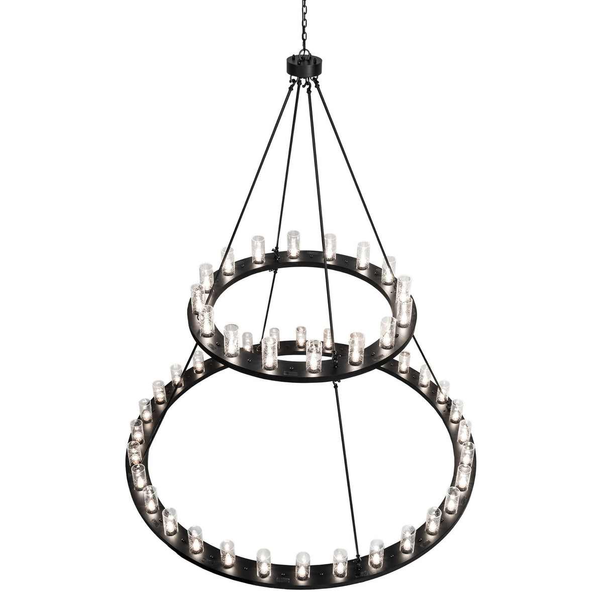 Top angle view of two tier chandelier suspension and circular rings.