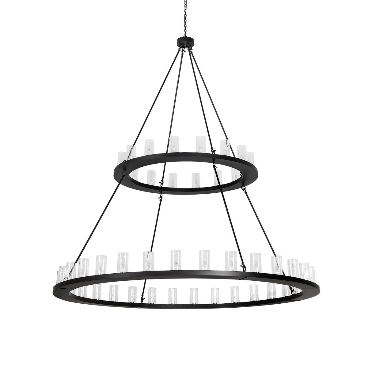 Unlit view of two tier chandelier with seeded glass cylinders.