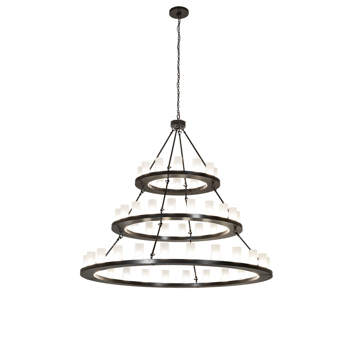 Full view of the three-tier chandelier with stacked circular rings and cylindrical glass lights.