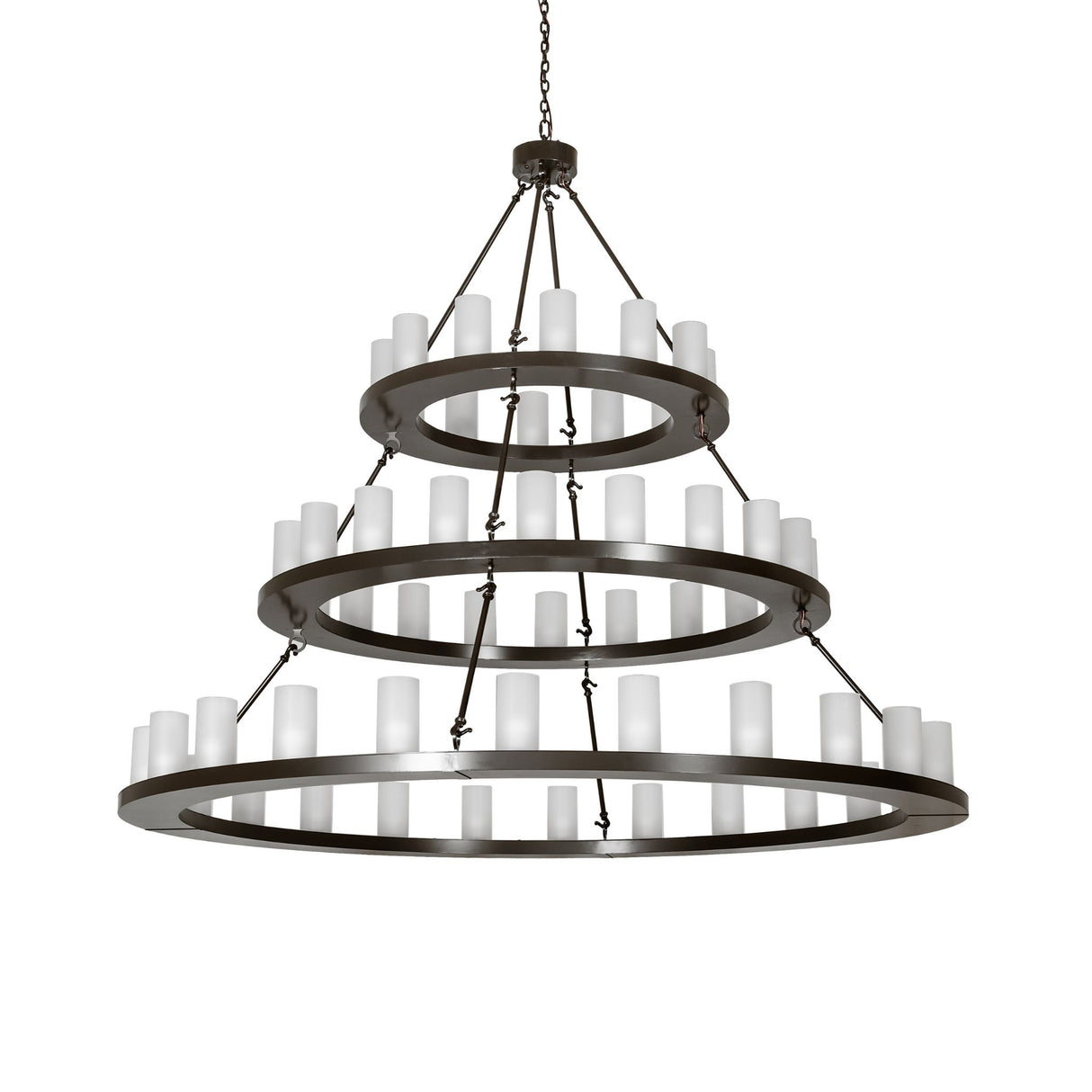 Three-tier Loxley chandelier unlit view with cylindrical frosted glass lights and bronze rings.