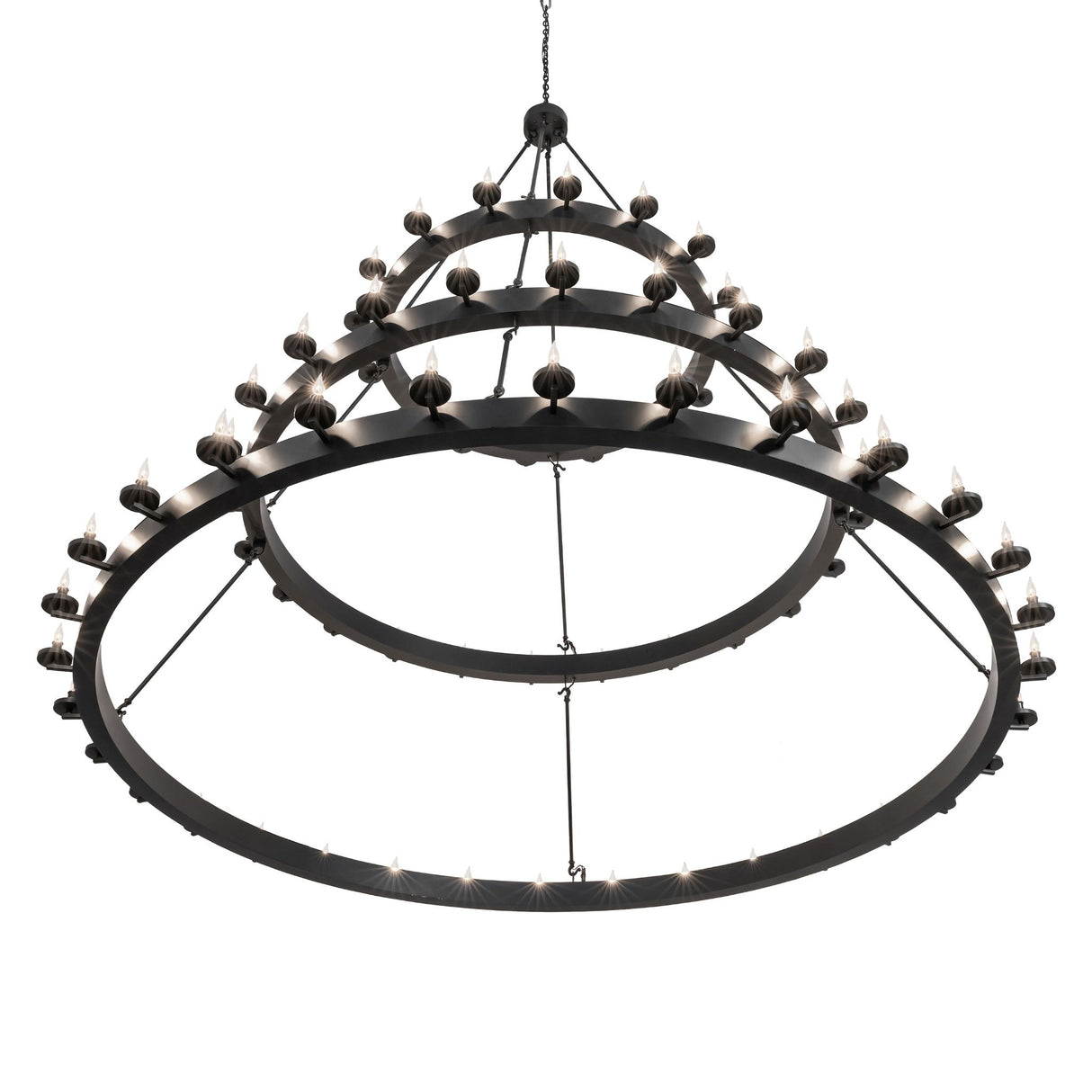 Lower angle lit view emphasizing the bottom ring and glowing candle lights.