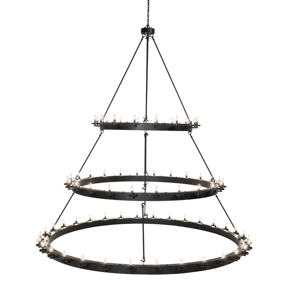 Side angled view displaying the chandelier’s structure of metal rings.