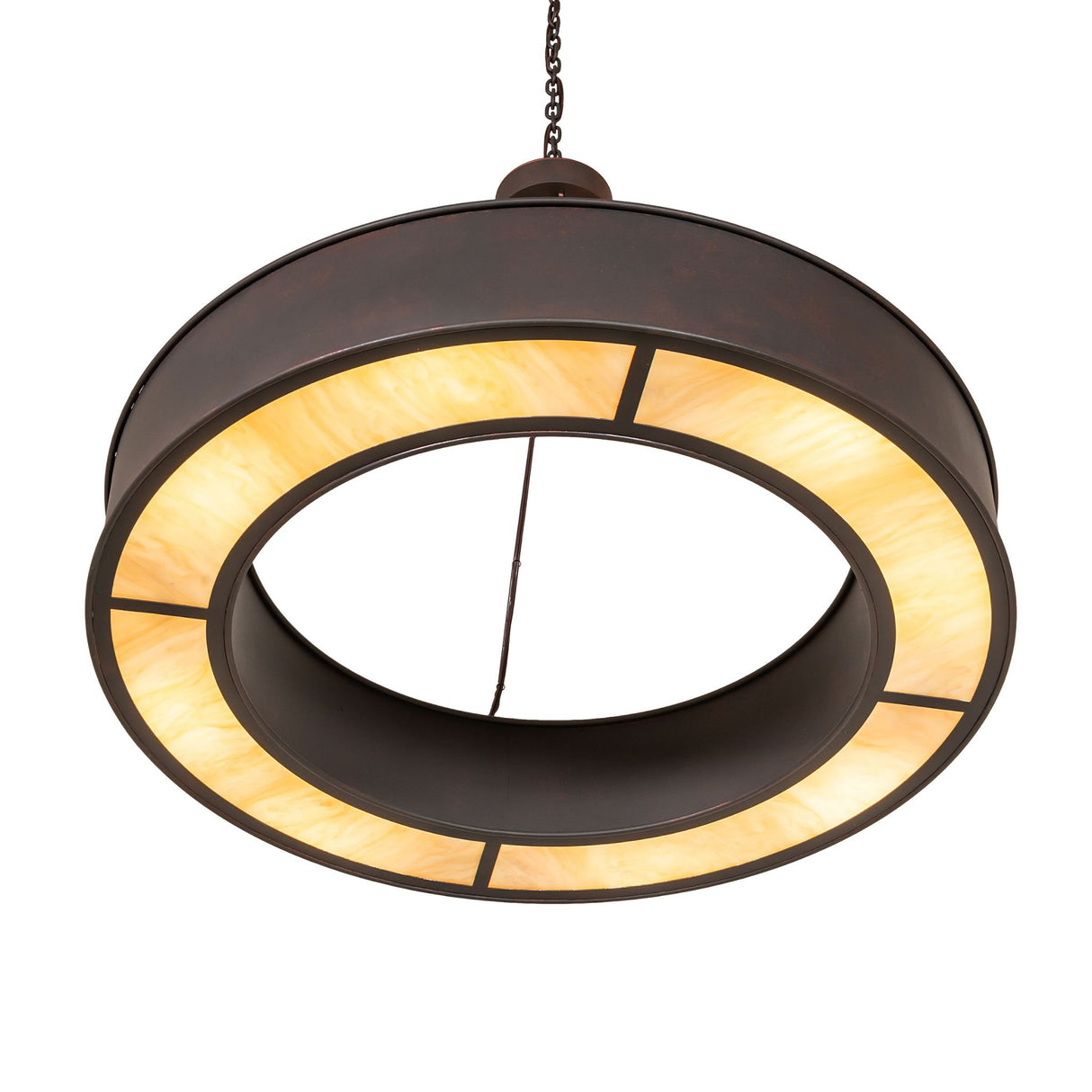 Bottom angle view of chandelier with glowing travertine Idalight ring.