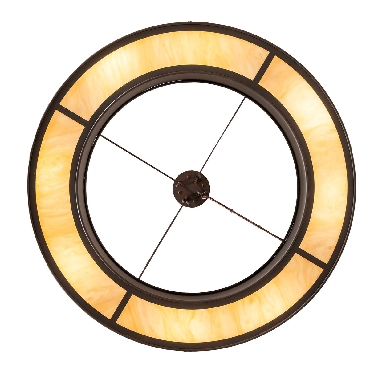 Bottom view of chandelier displaying circular diffuser layout and inner ring.
