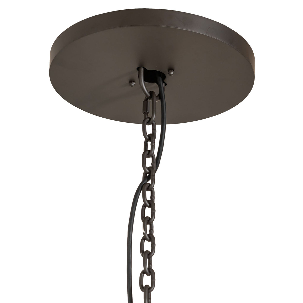 Close-up of ceiling canopy, chain, and suspension hardware.