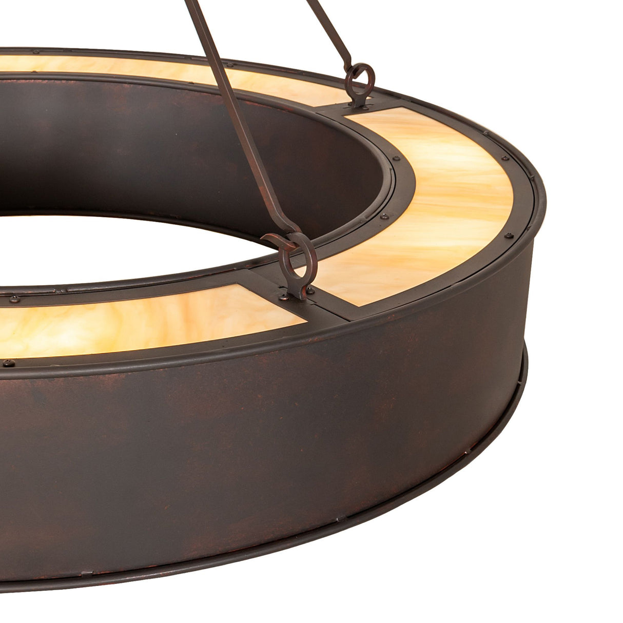Detailed view of chandelier metal frame, suspension rings, and copper metallic finish.