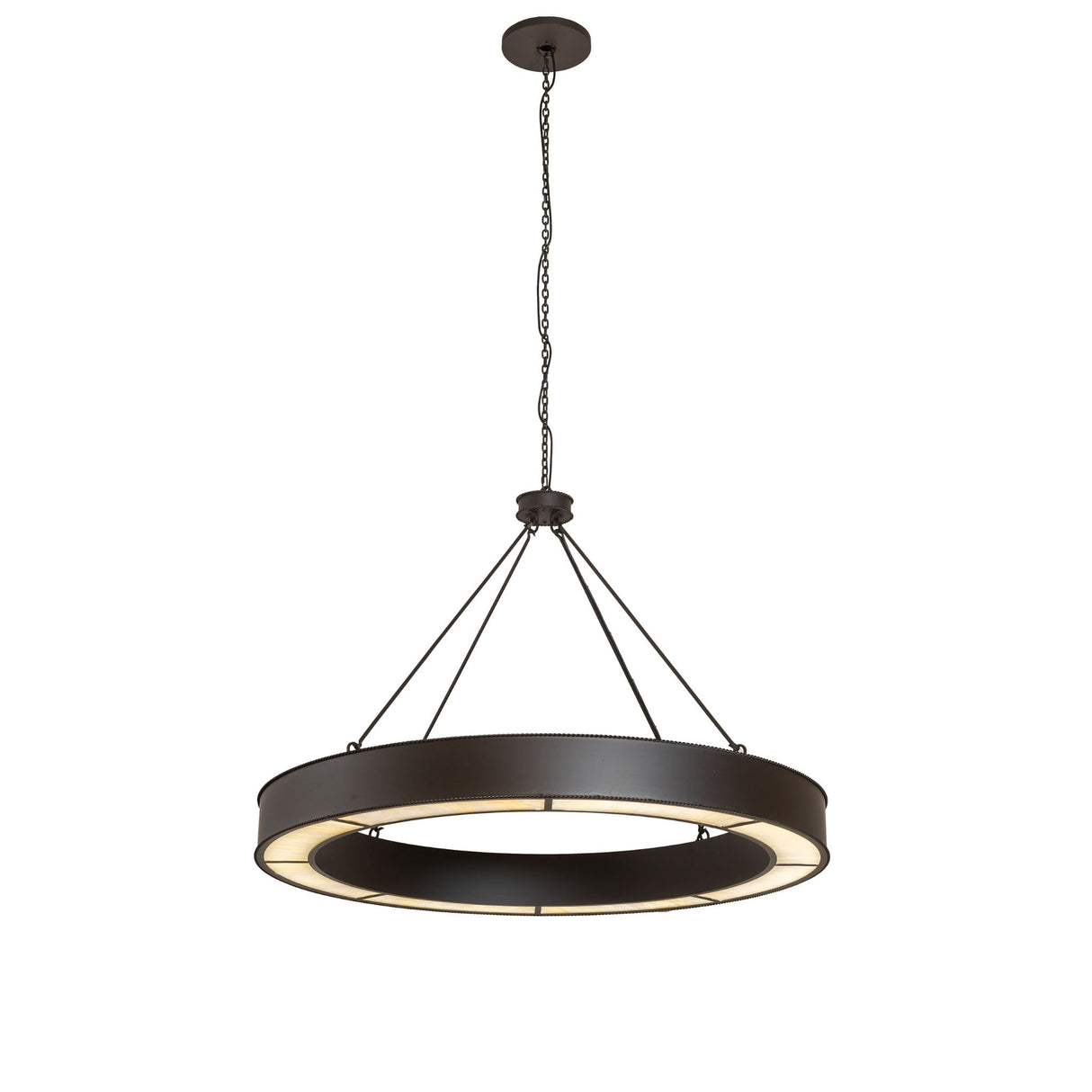 Full hanging view showing adjustable chain and circular LED chandelier.
