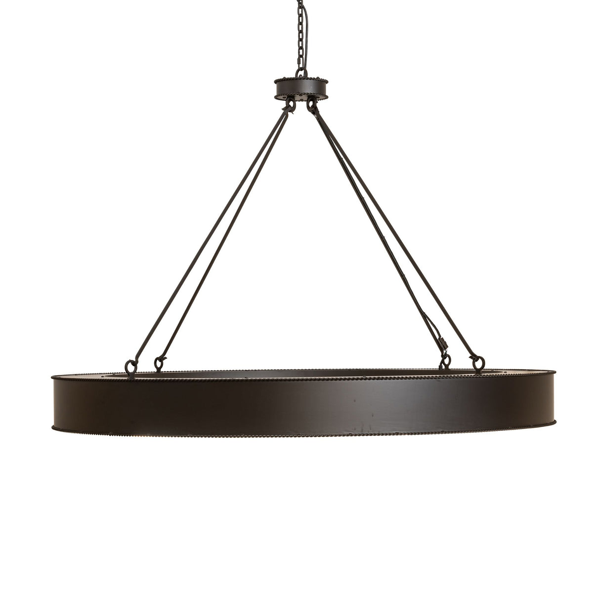 Side view of chandelier emphasizing slim ring profile, suspended rods and bronze finish.