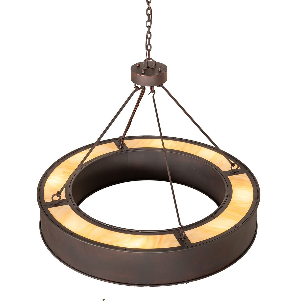 Top angle view of chandelier showing suspension arms and circular metal frame.