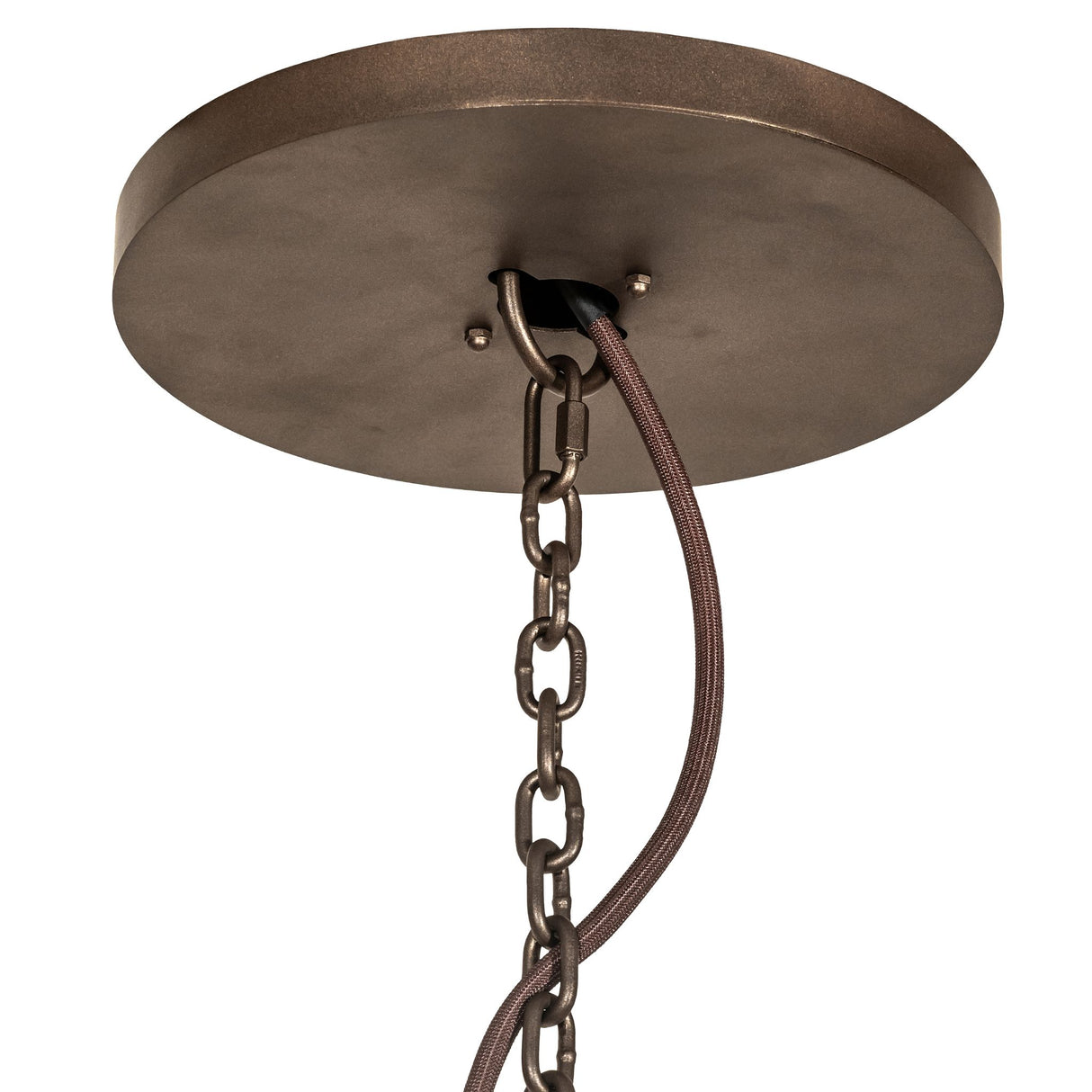 Canopy and chain mount view of the chandelier highlighting finish and wiring entry point.
