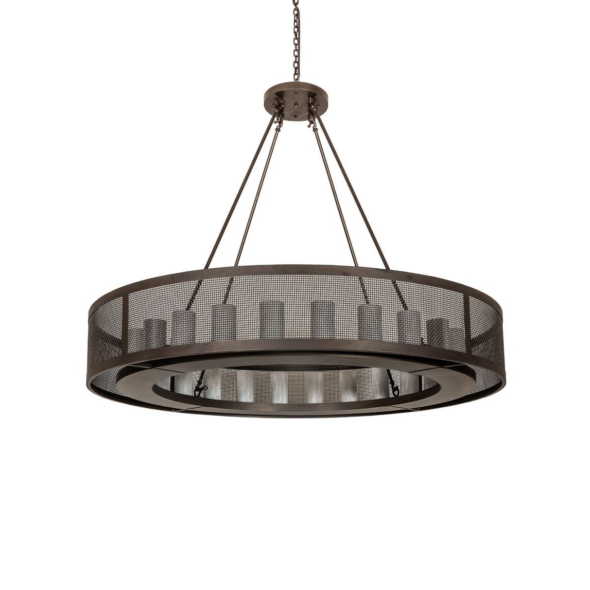 Unlit view of the Loxley Golpe 24 light chandelier with mesh metal ring frame.