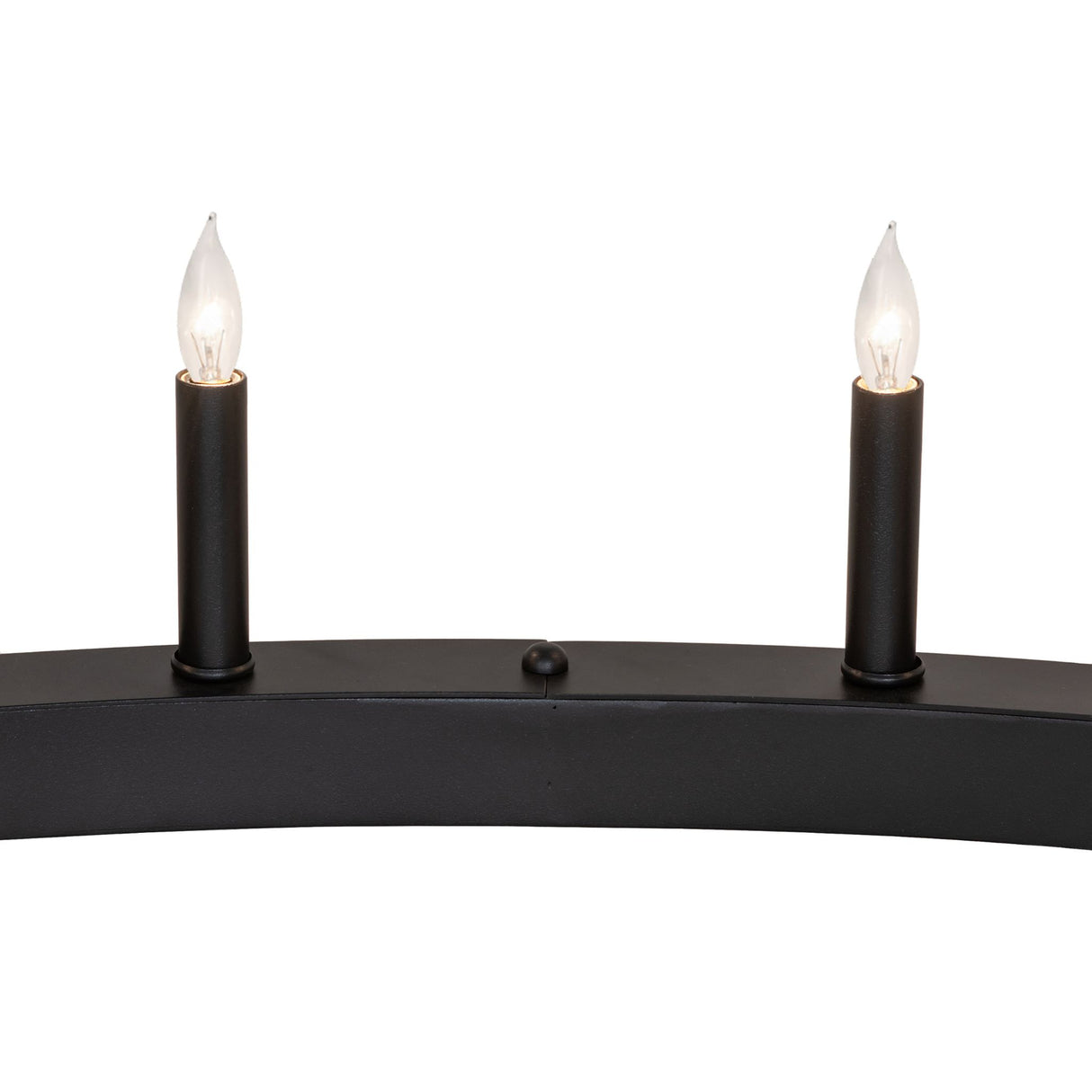 Close-up of faux candle bulbs mounted on chandelier ring.
