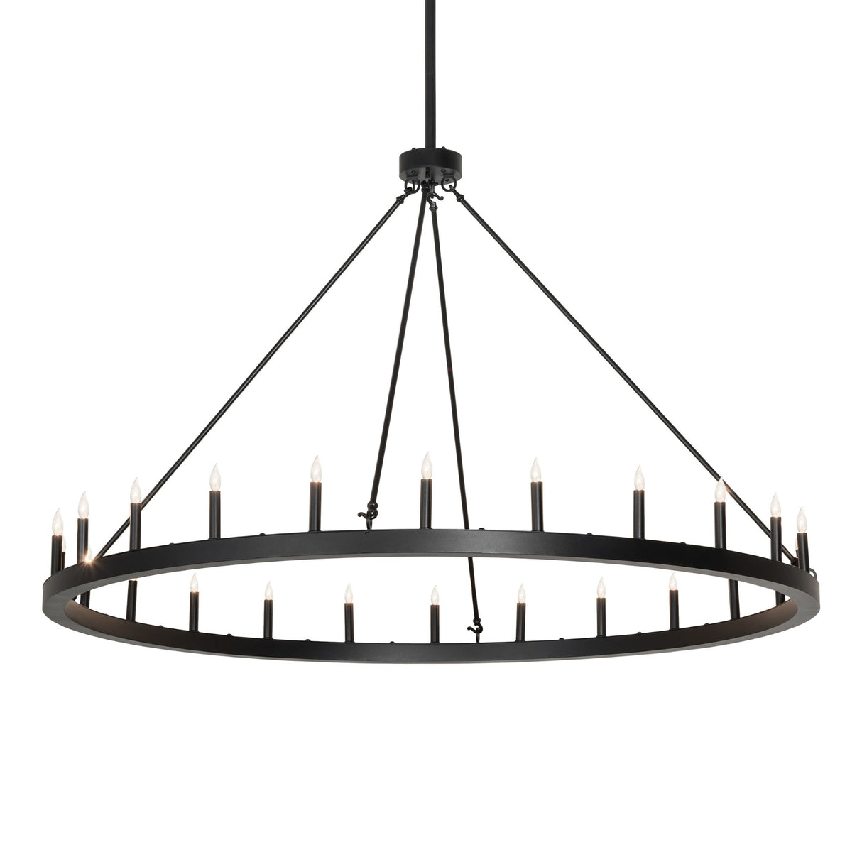 Lit view of 24 light ring chandelier illuminated with faux candle bulbs.