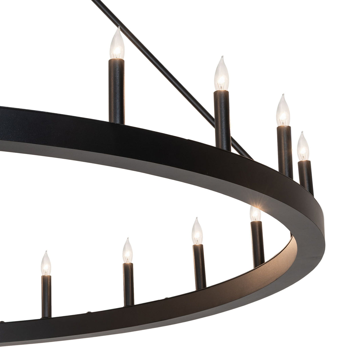 Close-up of 24 light chandelier ring with candle-style lights.