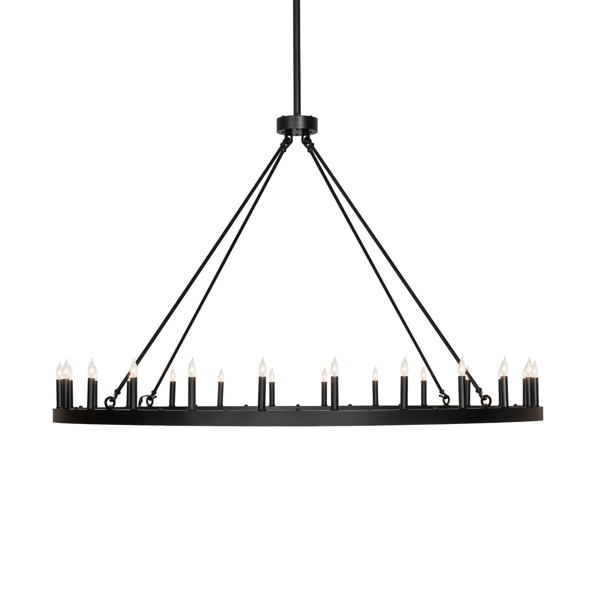 Side profile of 24 light chandelier with suspended ring design.