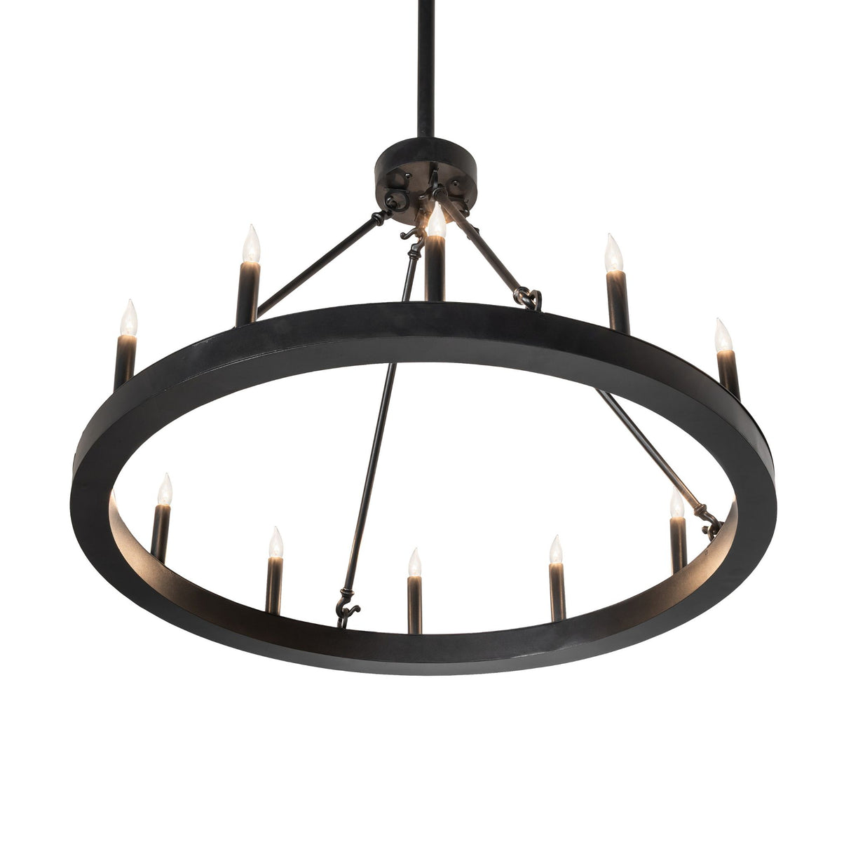 Bottom angle view of ring chandelier showing circular frame and candle lights.