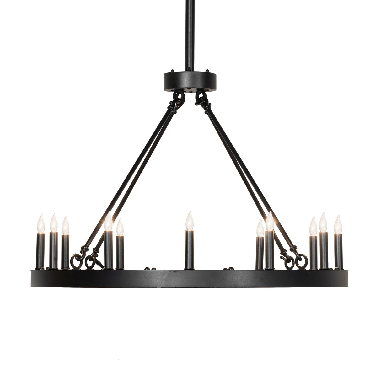 Side view of ring chandelier with suspension rods.