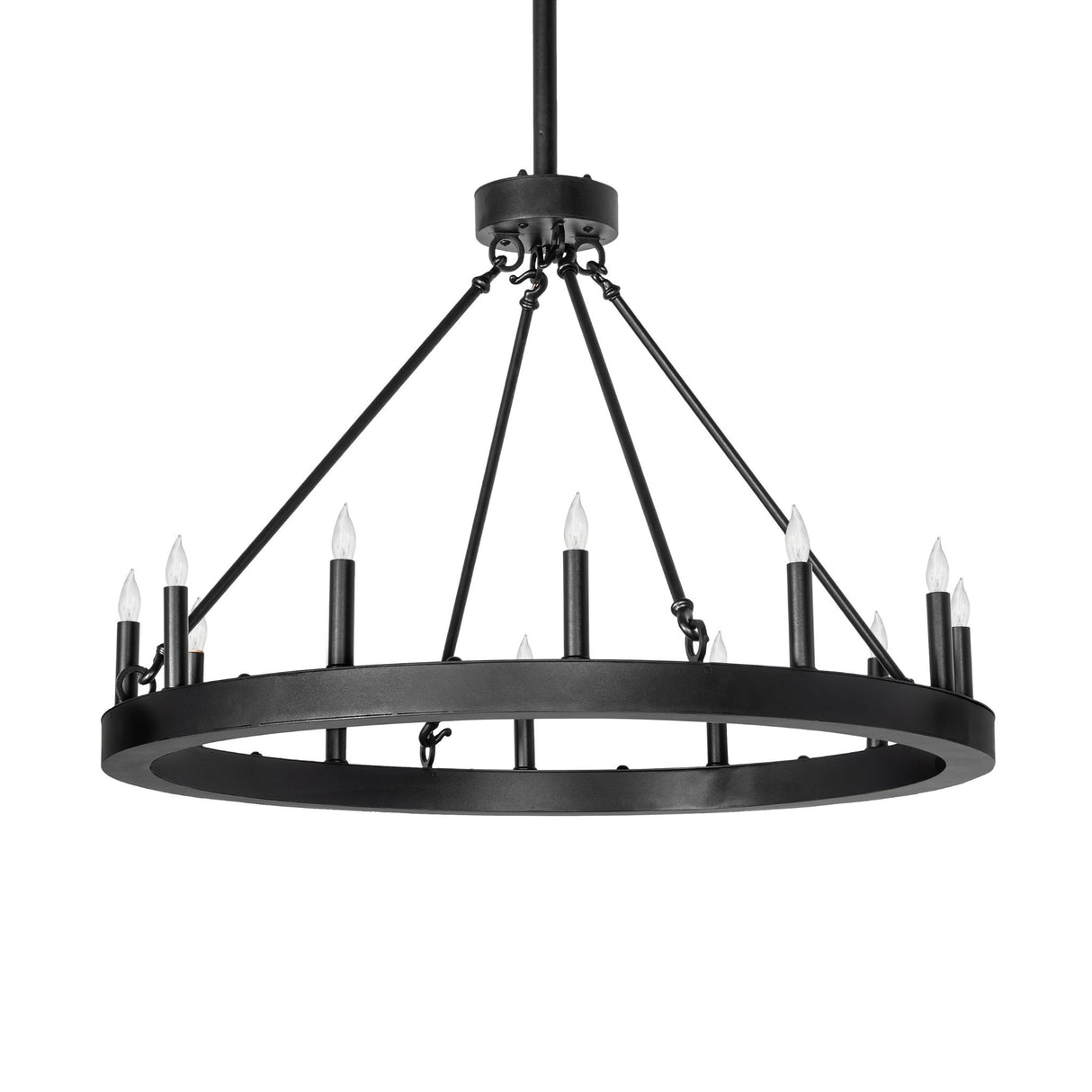 Unlit view of ring chandelier in textured black finish.