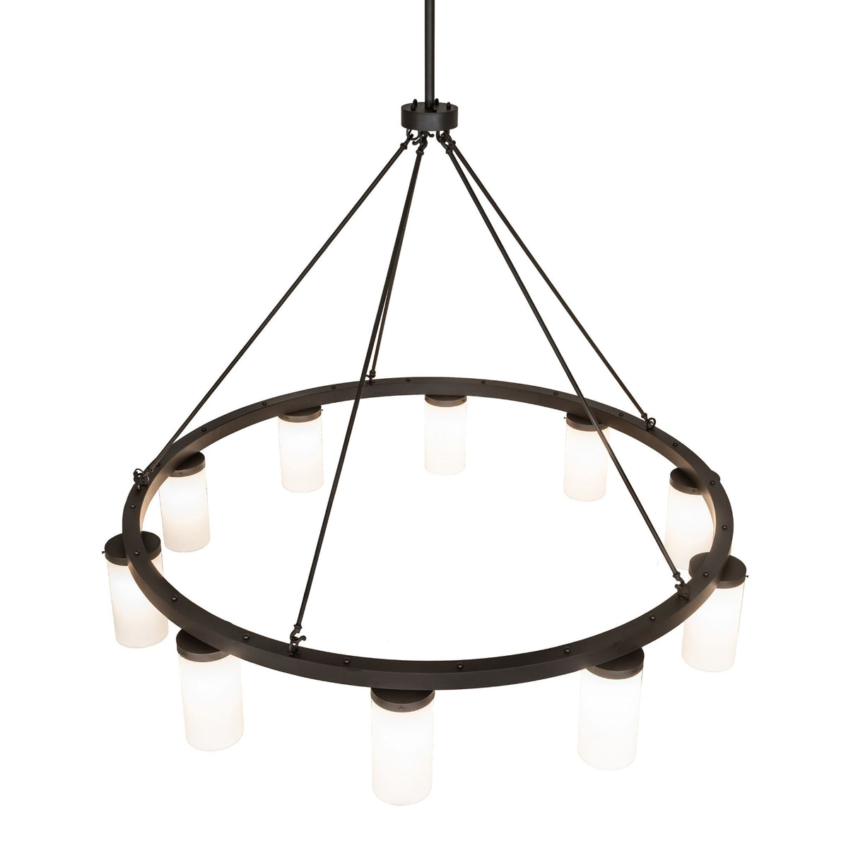 Top angle view of chandelier ring design and suspended rods.