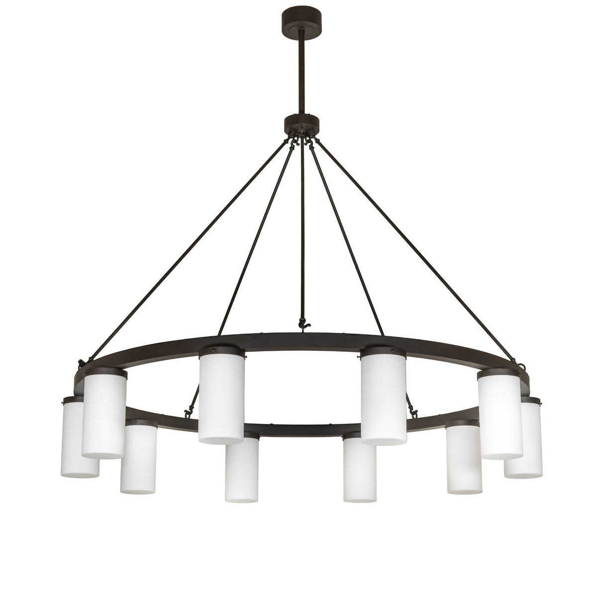 Unlit view of chandelier with bronze ring frame and frosted shades.