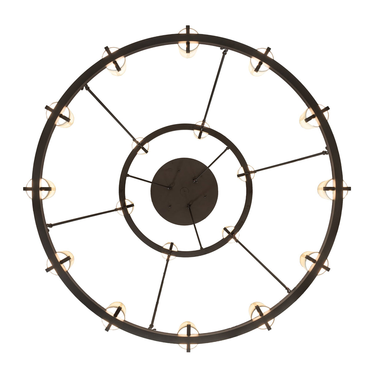Bottom view of Loxley two tier 18 light chandelier ring layout and rod connection.