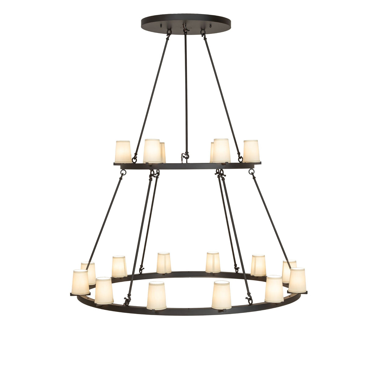 Side view of Loxley two tier 18 light chandelier with suspended rings.