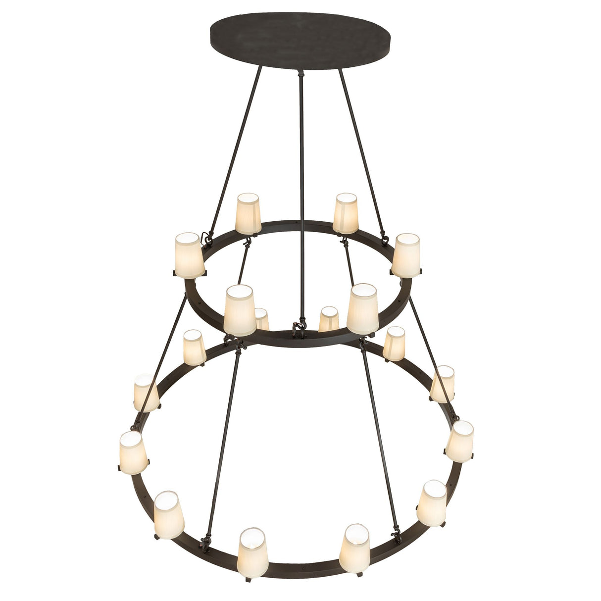 Top angle view of two tier 18 light chandelier showing cylinder lights on rings and suspension design.