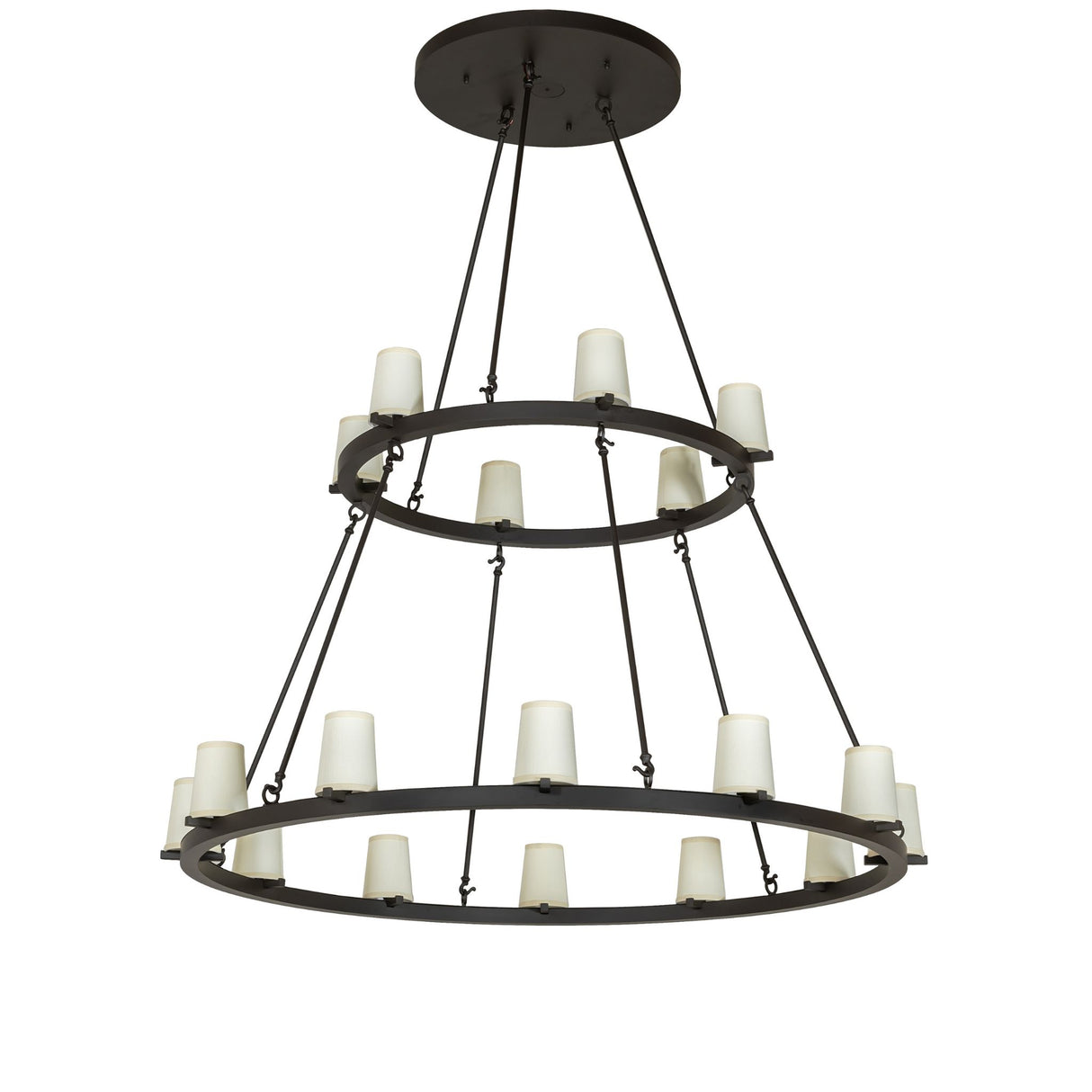 Unlit view of two tier 18 light chandelier showing bronze rings and fabric shades.