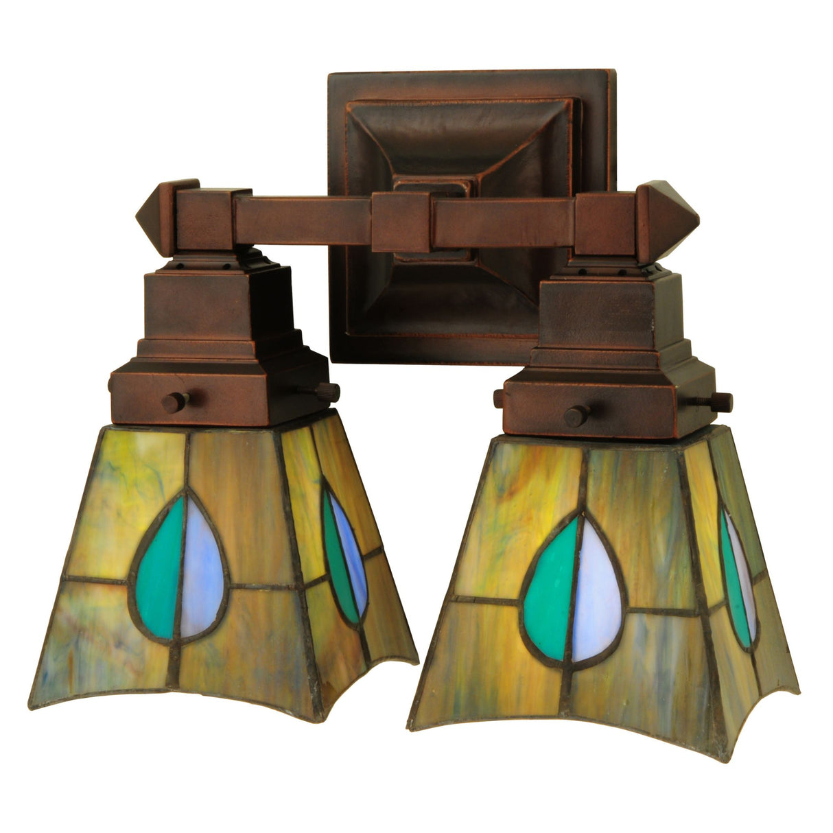 Double light wall sconce with Mackintosh leaf-inspired stained glass shades.