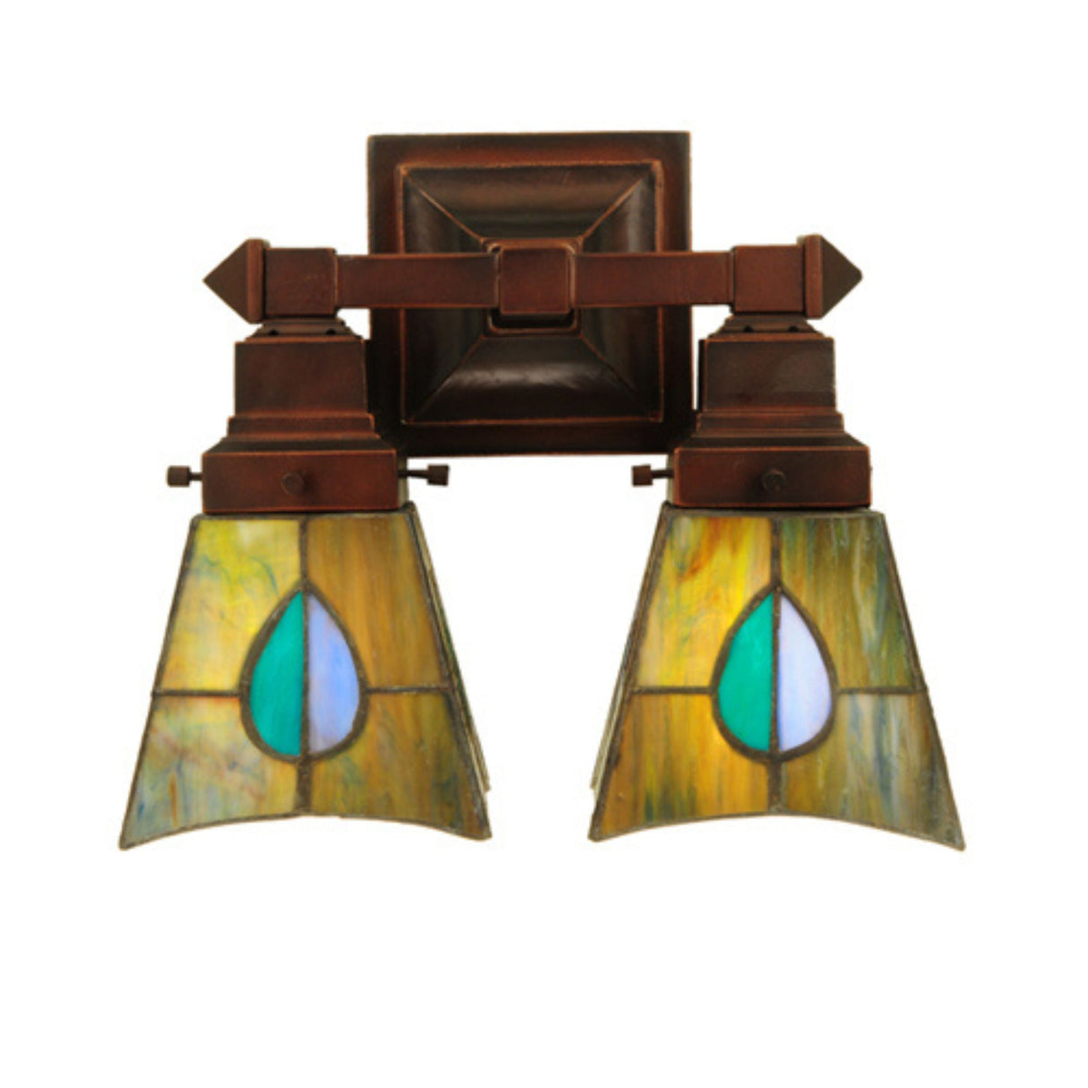 Front view of Mackintosh Leaf double light wall sconce with stained glass shades.